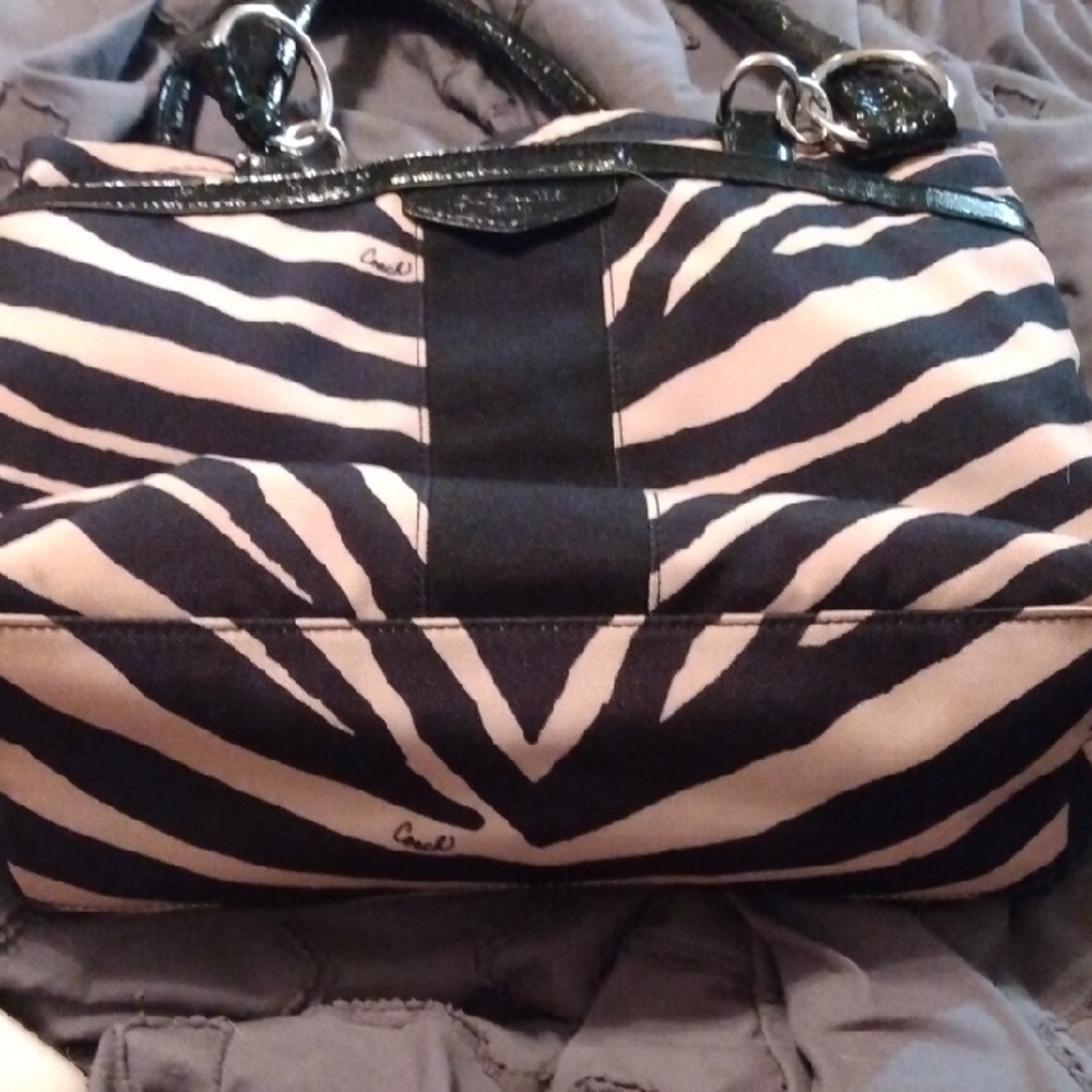 Coach Black and Cream Zebra Print Tote with Patent Trim